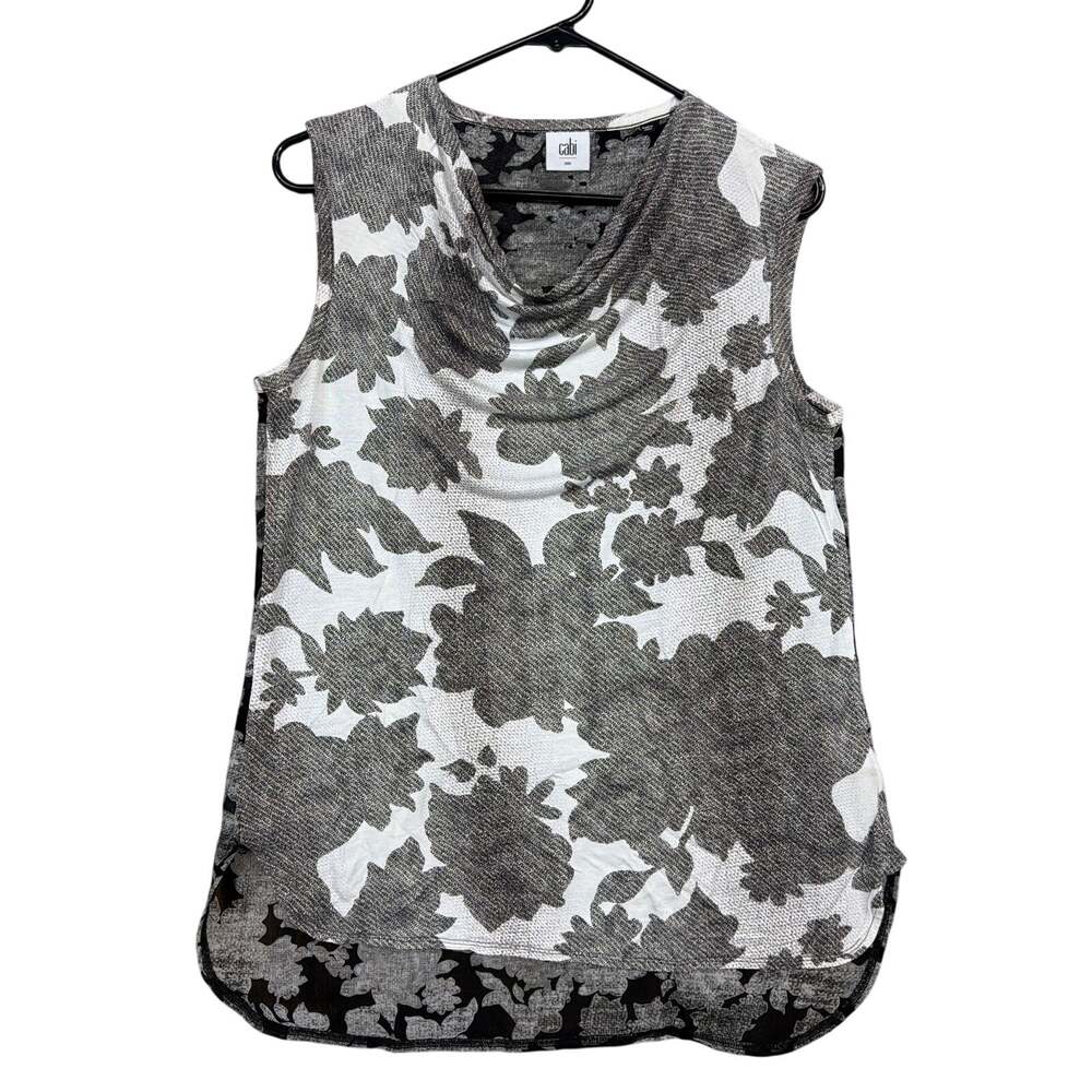 Cabi Womens Blouse Cream Gray Black Floral Cowl Neck Sleeveless Hi Low Small